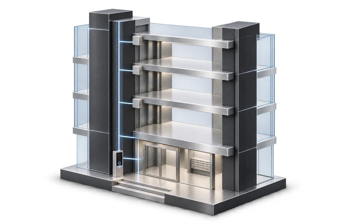 Maqueta conceptual de acceso común, videoportero y administración de un edificio