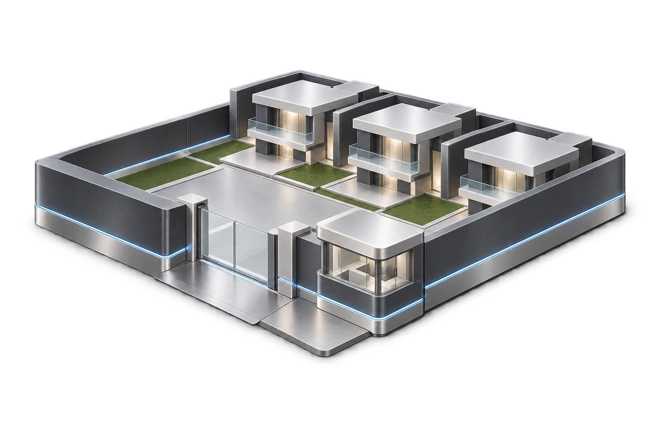 Maqueta conceptual de un barrio privado, su ingreso y la coordinación de la guardia