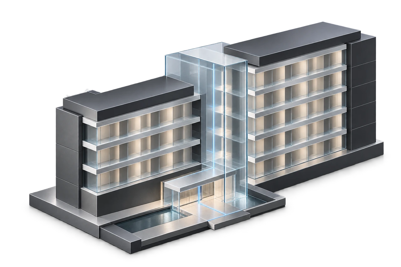 Maqueta conceptual de tecnología incorporada a los accesos y espacios de un hotel