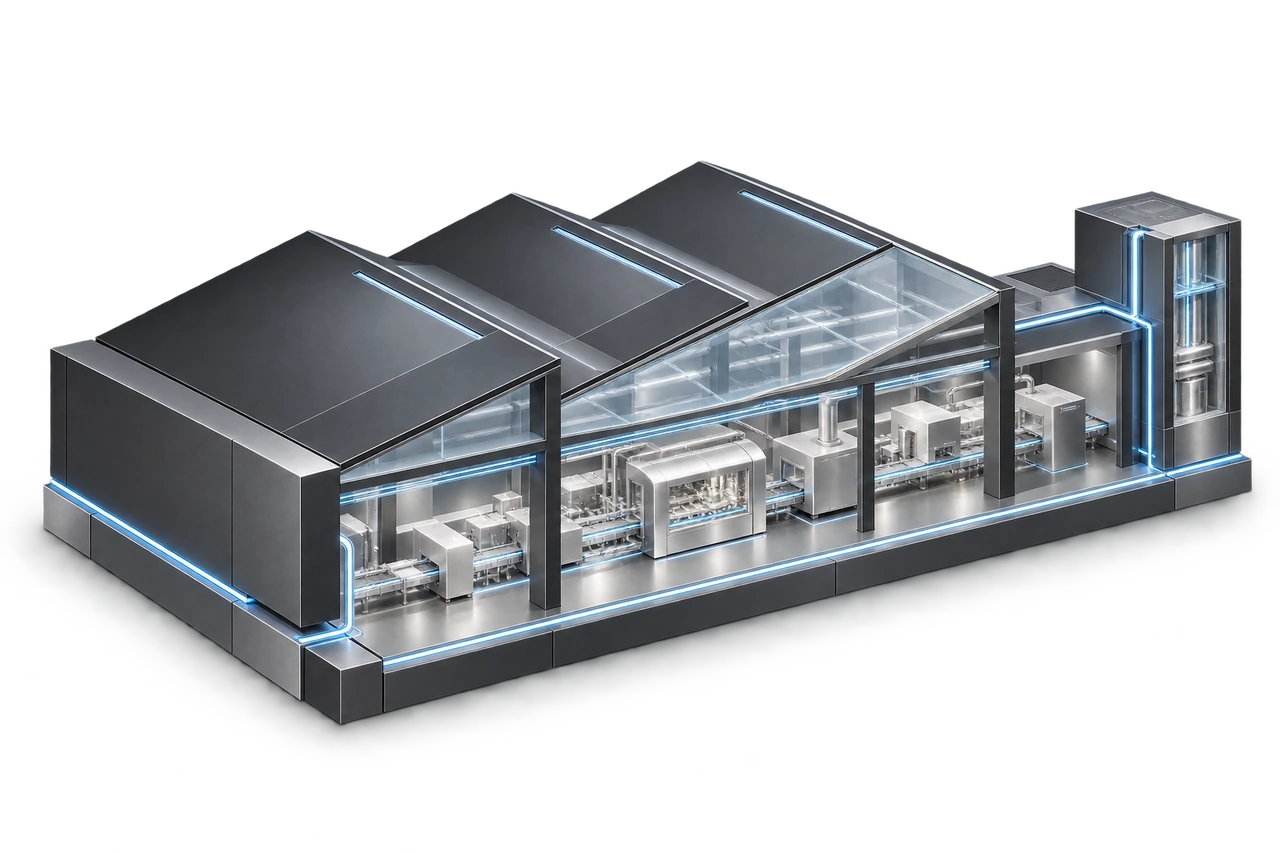 Maqueta conceptual de procesos industriales y su infraestructura coordinada